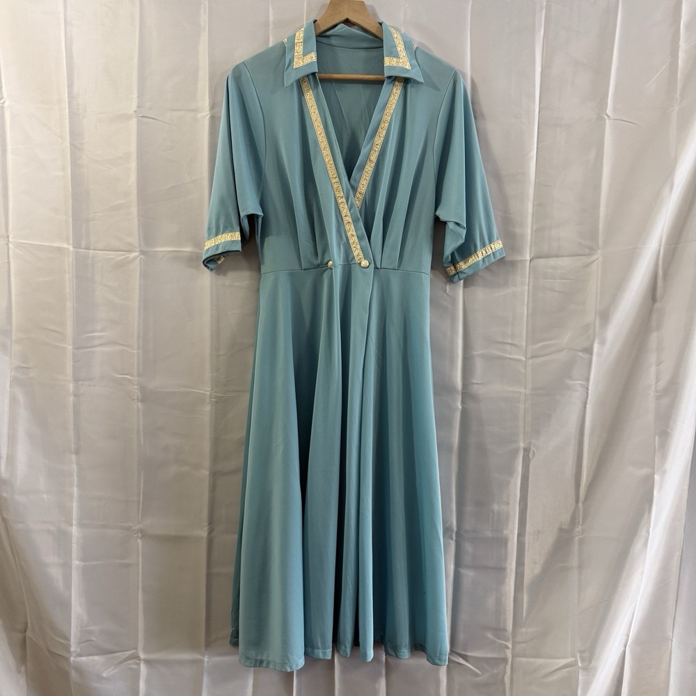 Vintage 70s Blue Housewife Midi Dress Deep Plunge Neckline Wrap Gold Trim S/M**